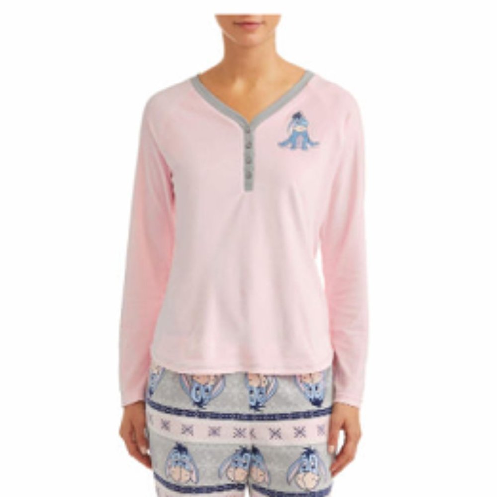 Disney Eeyore Pink Velour V-neck Pajama Top L